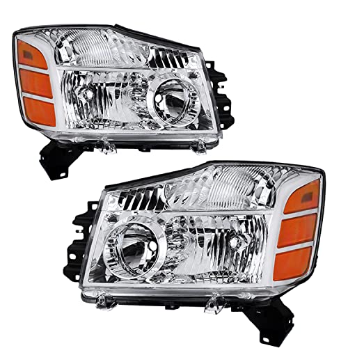JSBOYAT Headlight Assembly Compatible with 2004-2015 Nissan Titan / 05-07 Armada OEM Replacement Headlamp Passenger and Driver Side Chrome Housing with Amber Reflector